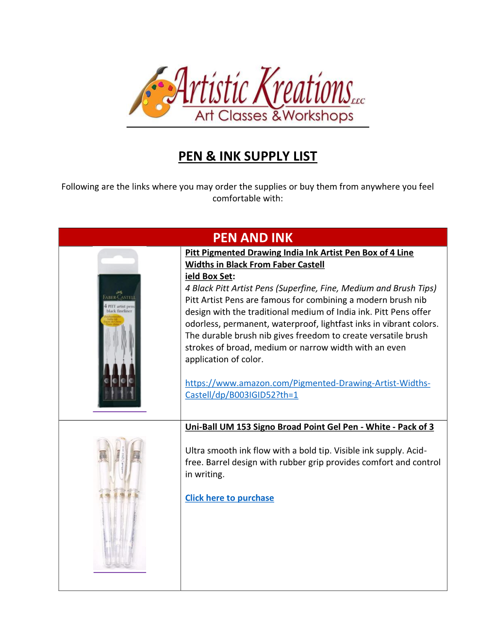 Pen & Ink Supply List Pen And