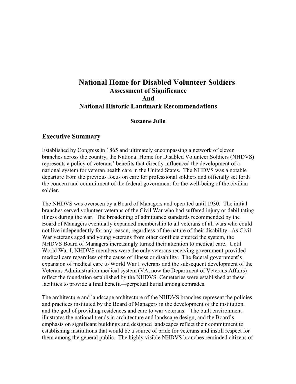 National Home for Disabled Volunteer Soldiers Assessment of Significance and National Historic Landmark Recommendations