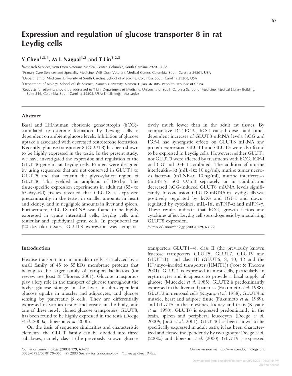 Expression and Regulation of Glucose Transporter 8 in Rat Leydig Cells