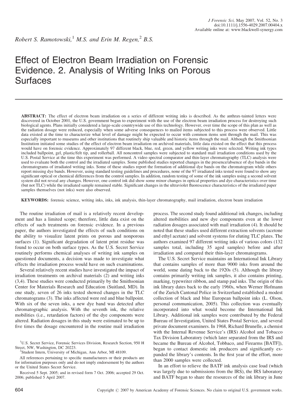 Effect of Electron Beam Irradiation on Forensic Evidence. 2. Analysis of Writing Inks on Porous Surfaces