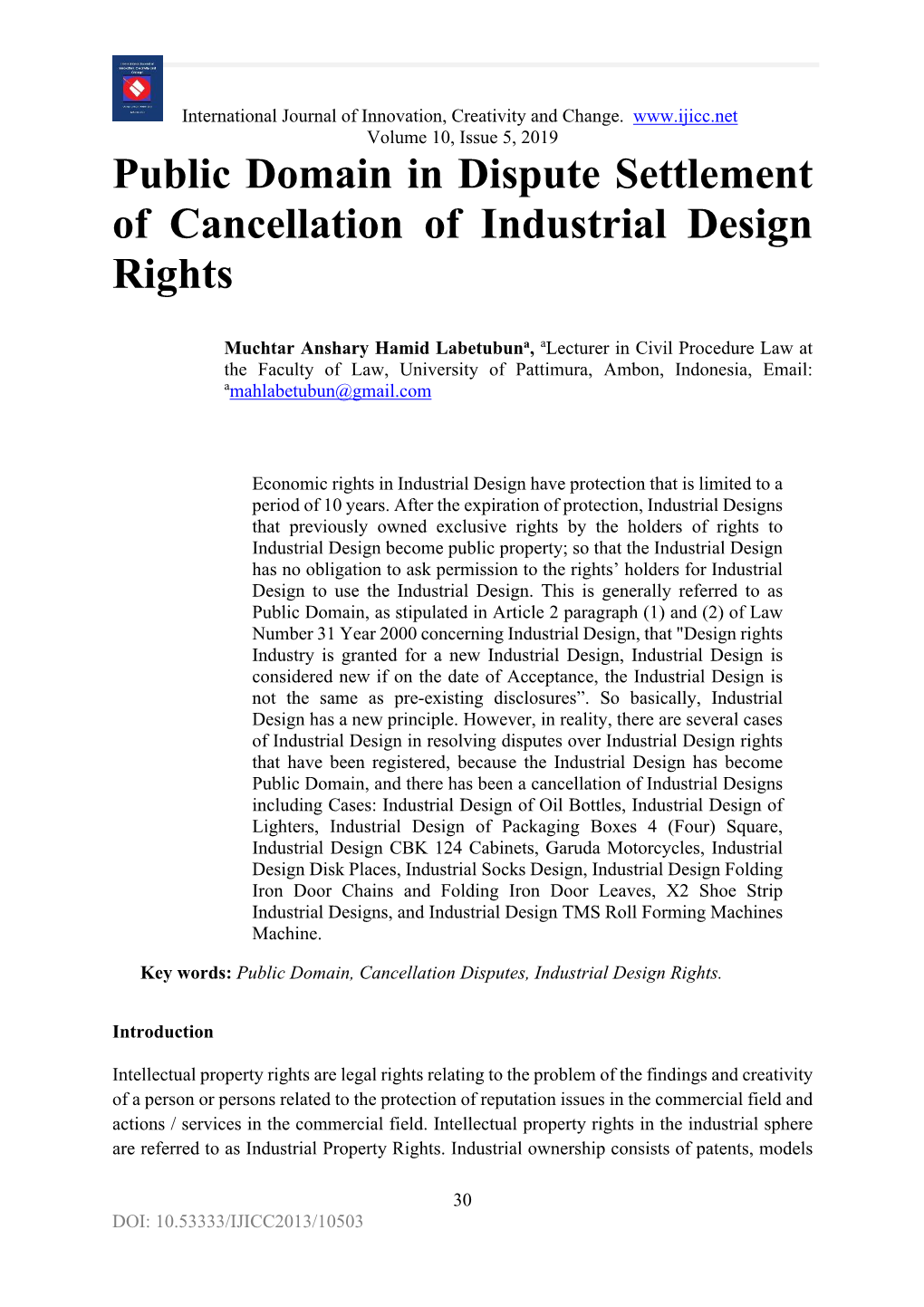 Public Domain in Dispute Settlement of Cancellation of Industrial Design Rights