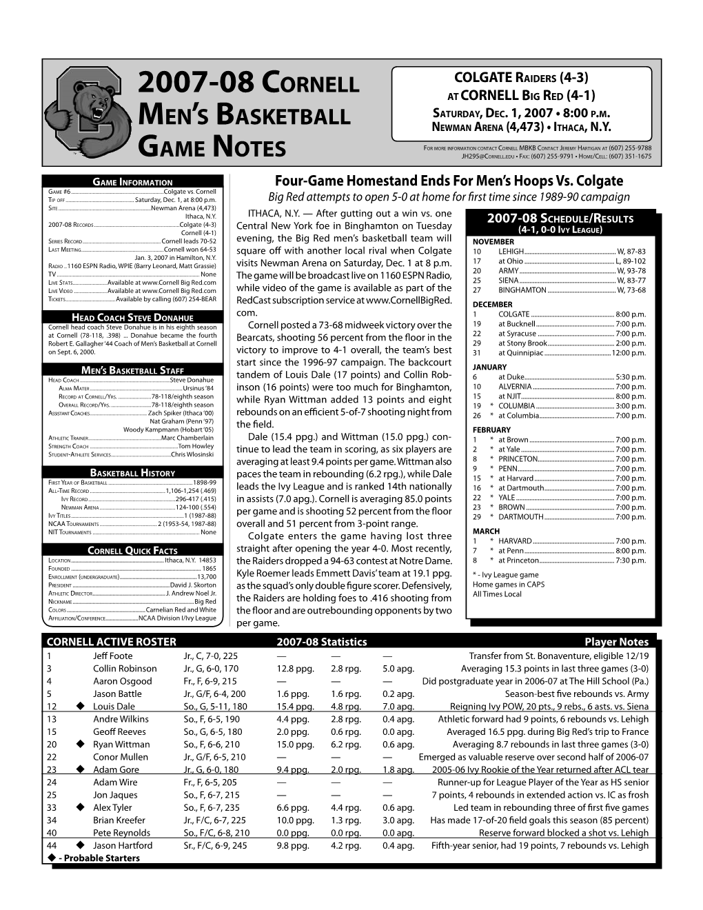 Cornell Game Notes Vs. Colgate • Newman Arena (Ithaca, N.Y.) Dec