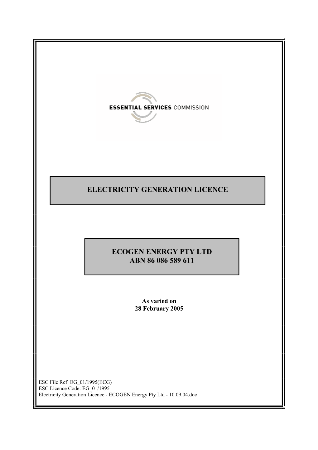 Electricity Generation Licence Ecogen Energy Pty Ltd