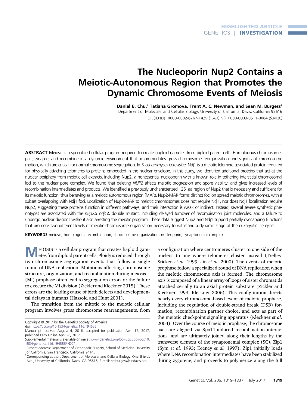 The Nucleoporin Nup2 Contains a Meiotic-Autonomous Region That Promotes the Dynamic Chromosome Events of Meiosis