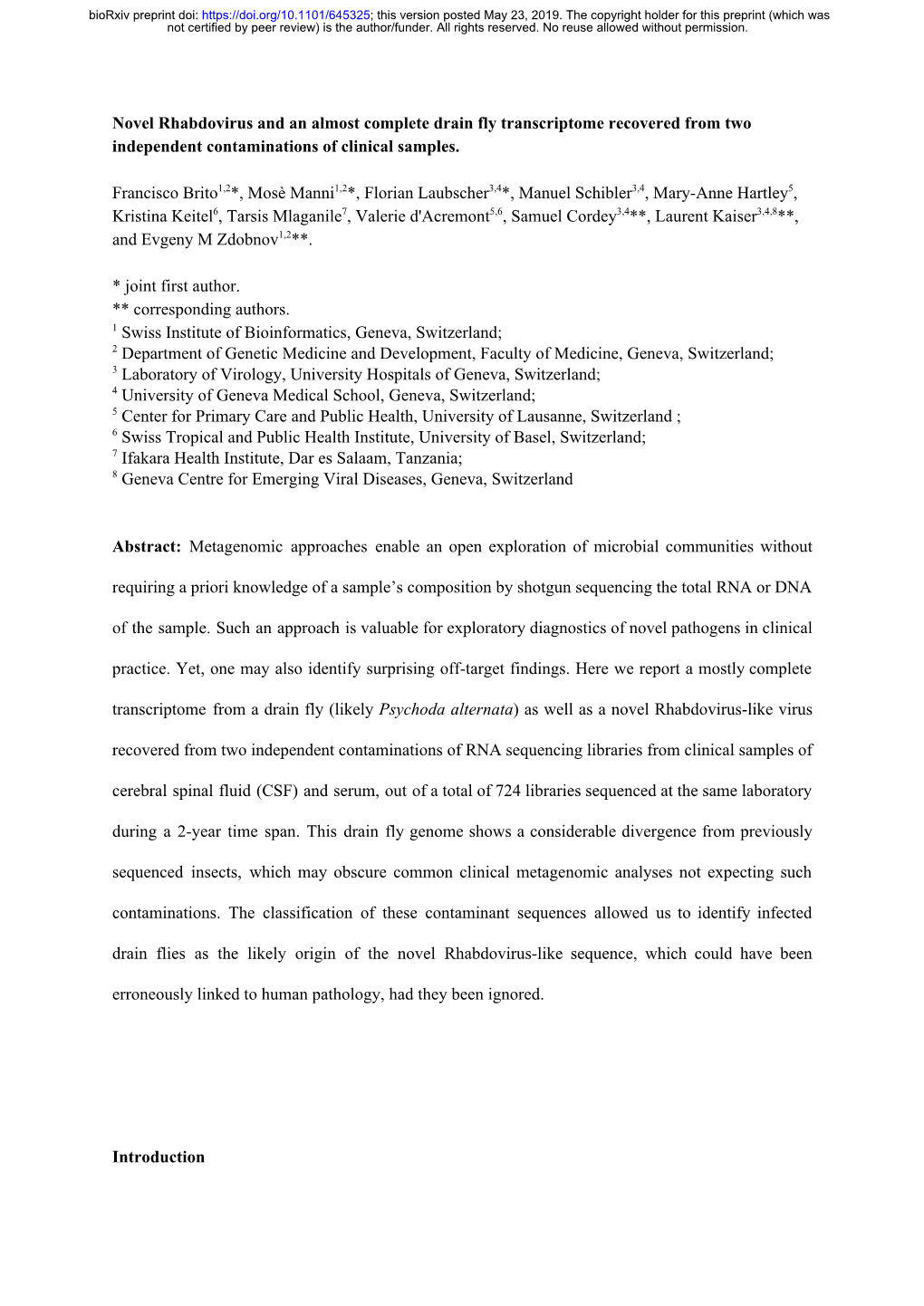 Novel Rhabdovirus and an Almost Complete Drain Fly Transcriptome Recovered from Two Independent Contaminations of Clinical Samples