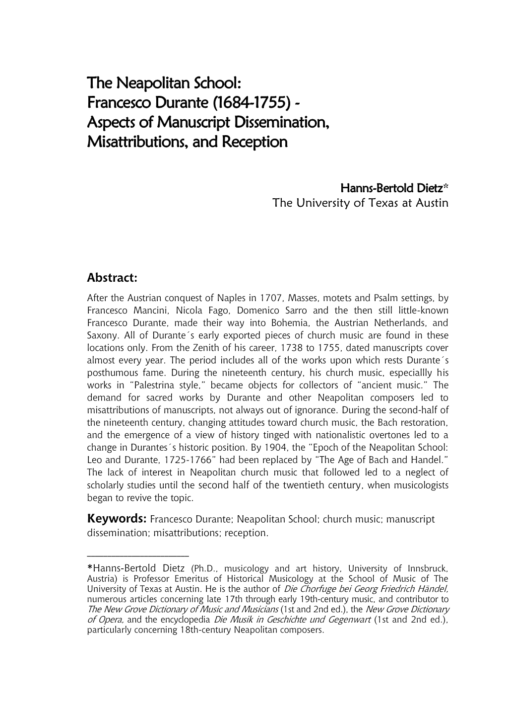 The Neapolitan School: Francesco Durante (1684-1755) - Aspects of Manuscript Dissemination, Misattributions, and Reception