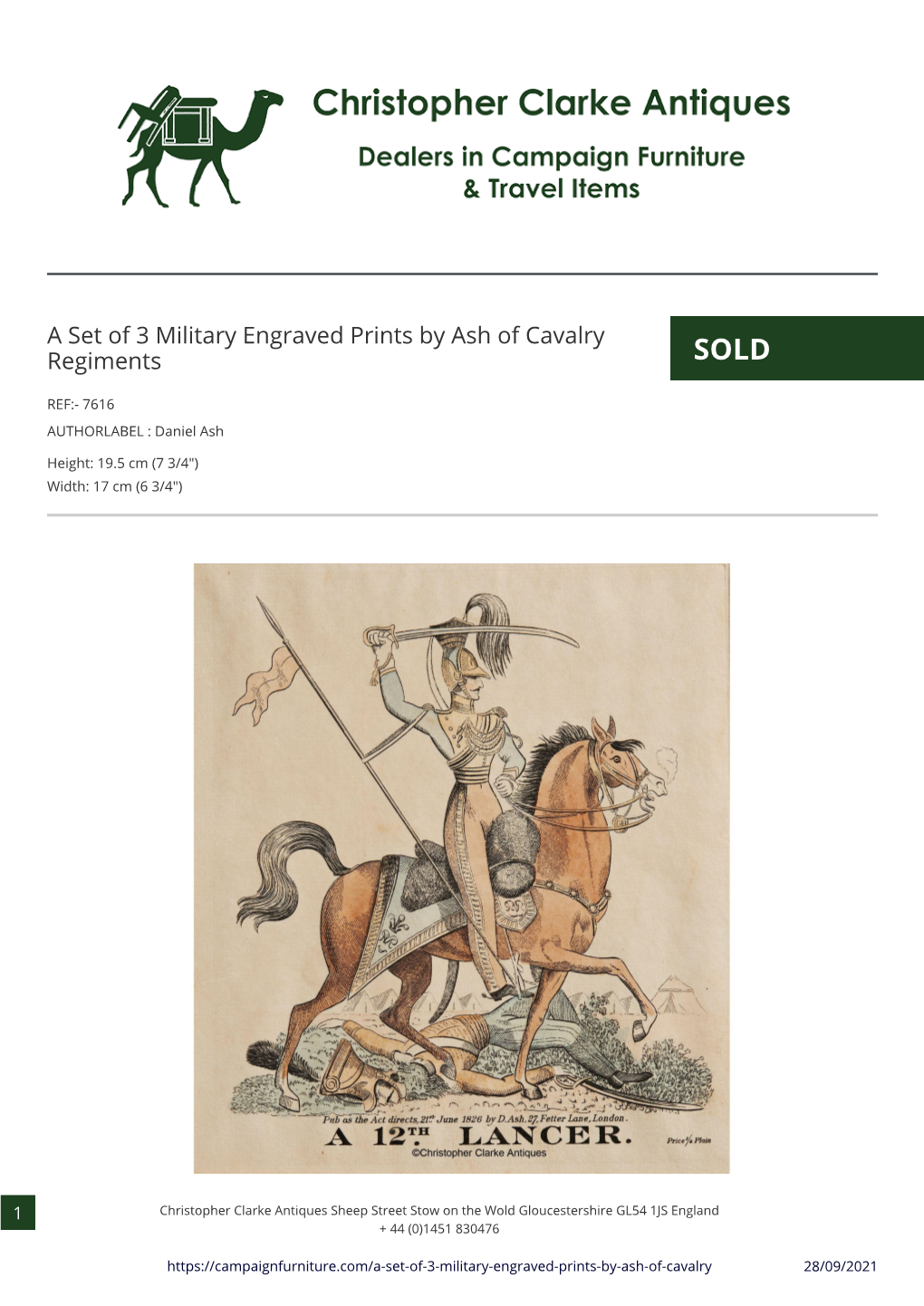 A Set of 3 Military Engraved Prints by Ash of Cavalry Regiments SOLD