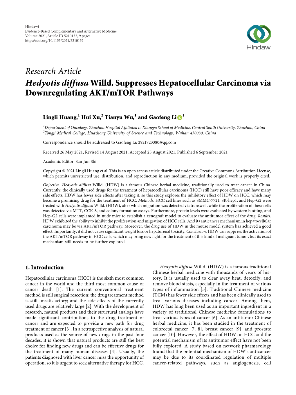 Research Article Hedyotis Diffusa Willd. Suppresses Hepatocellular Carcinoma Via Downregulating AKT/Mtor Pathways