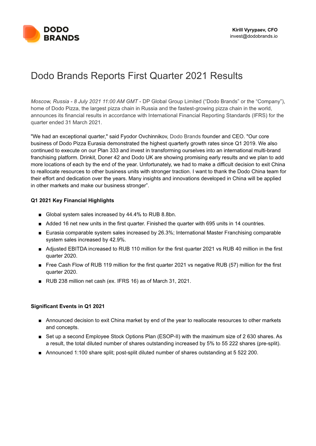 Dodo Brands 1Q2021 Earnings Release