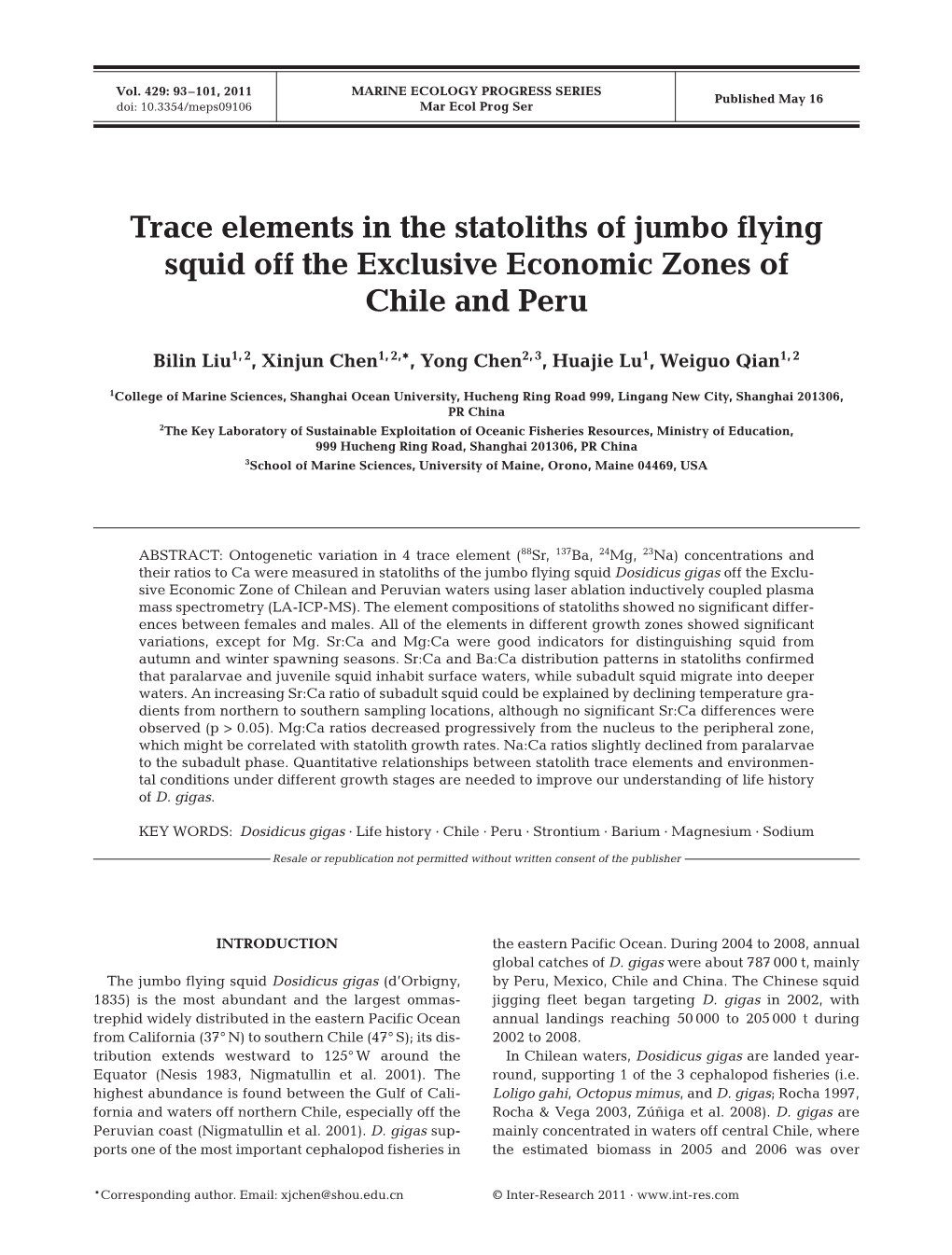 Trace Elements in the Statoliths of Jumbo Flying Squid Off the Exclusive Economic Zones of Chile and Peru