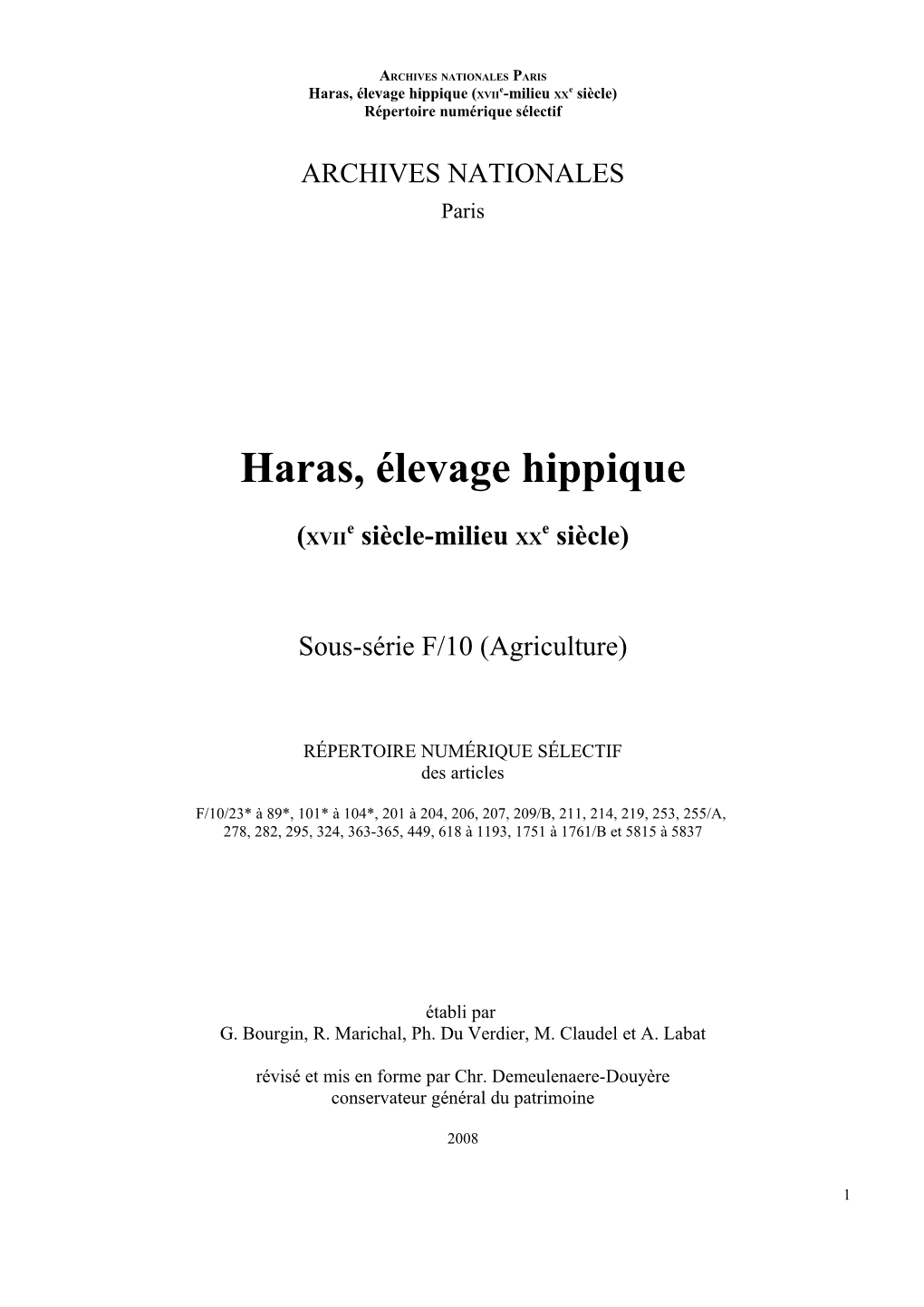 Haras, Élevage Hippique (XVII -Milieu XX Siècle) Répertoire Numérique Sélectif