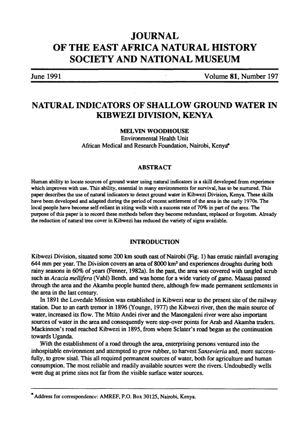 Natural Indicators of Shallow Ground Water in Kibwezi Division, Kenya