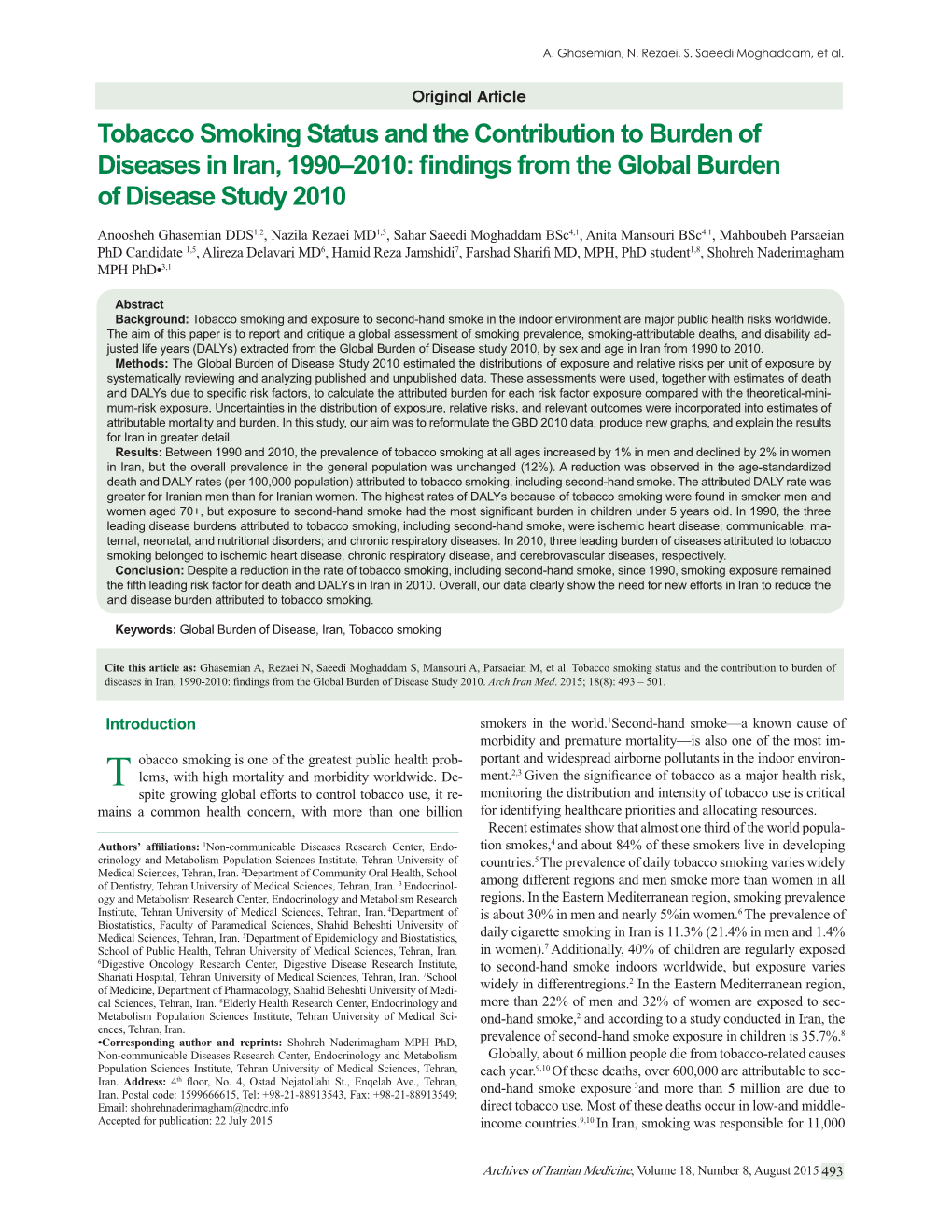 Tobacco Smoking Status and the Contribution to Burden of Diseases