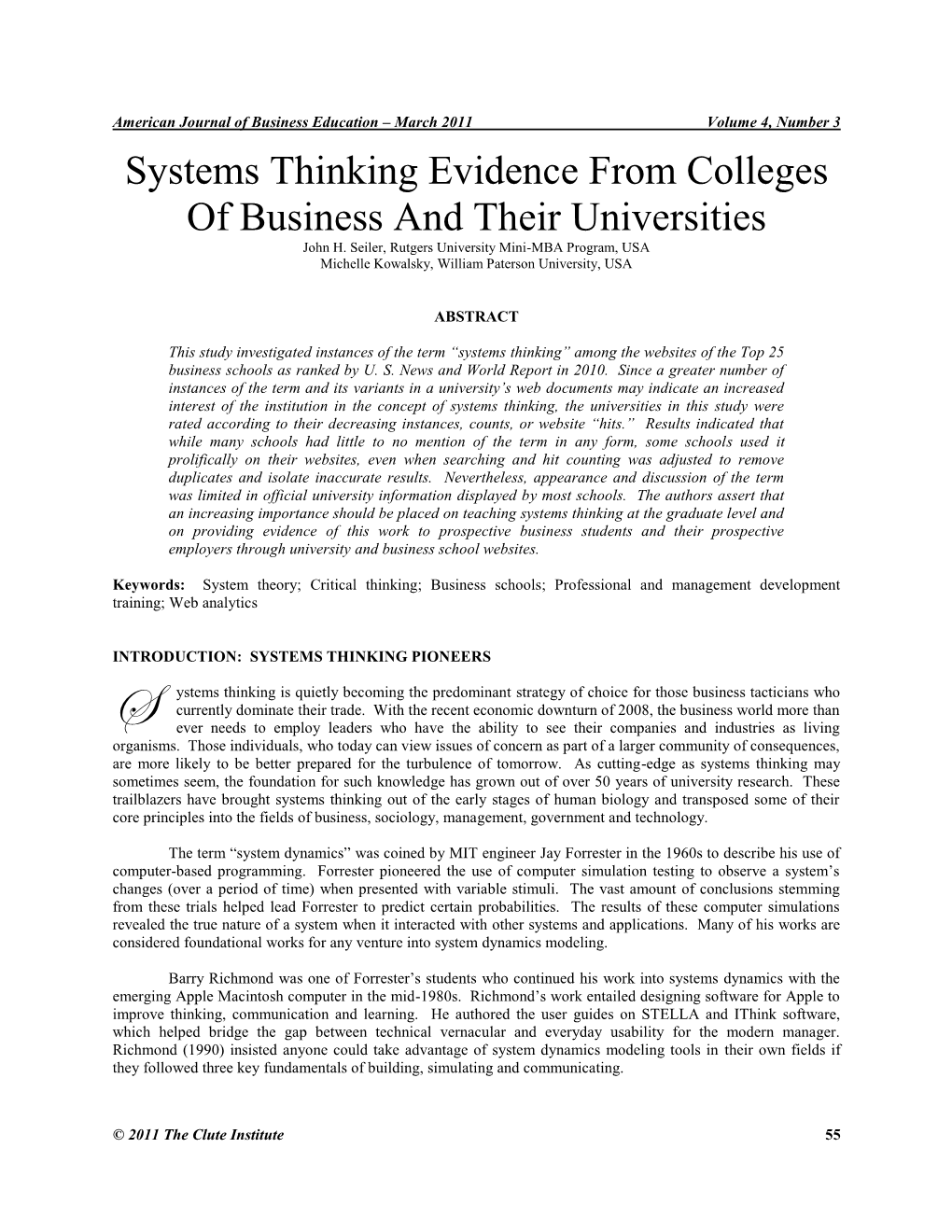 Systems Thinking Evidence from Colleges of Business and Their Universities John H