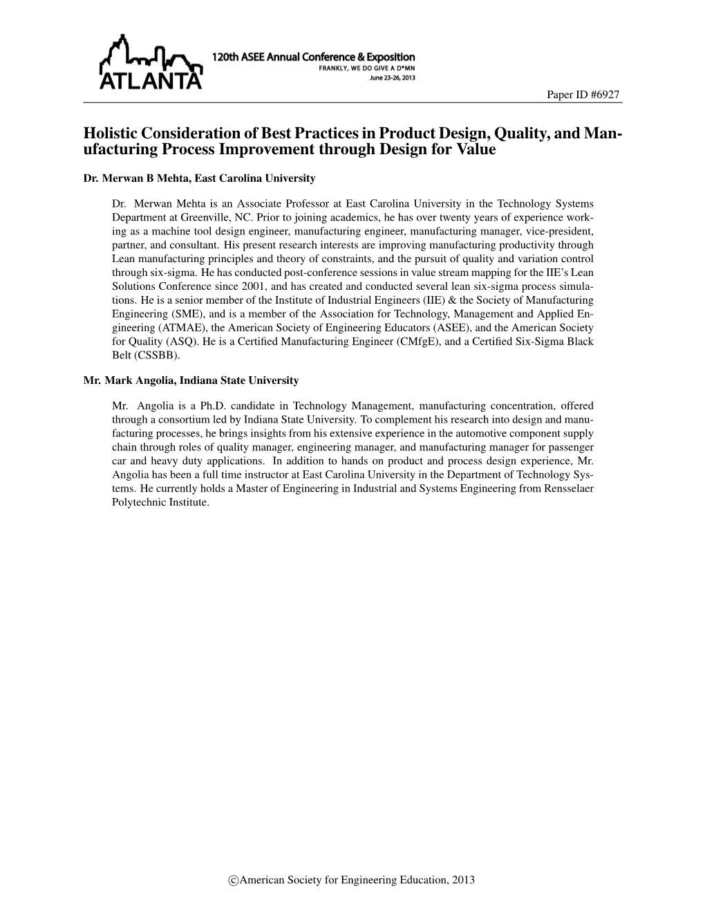 Holistic Consideration of Best Practices in Product Design, Quality, and Man- Ufacturing Process Improvement Through Design for Value