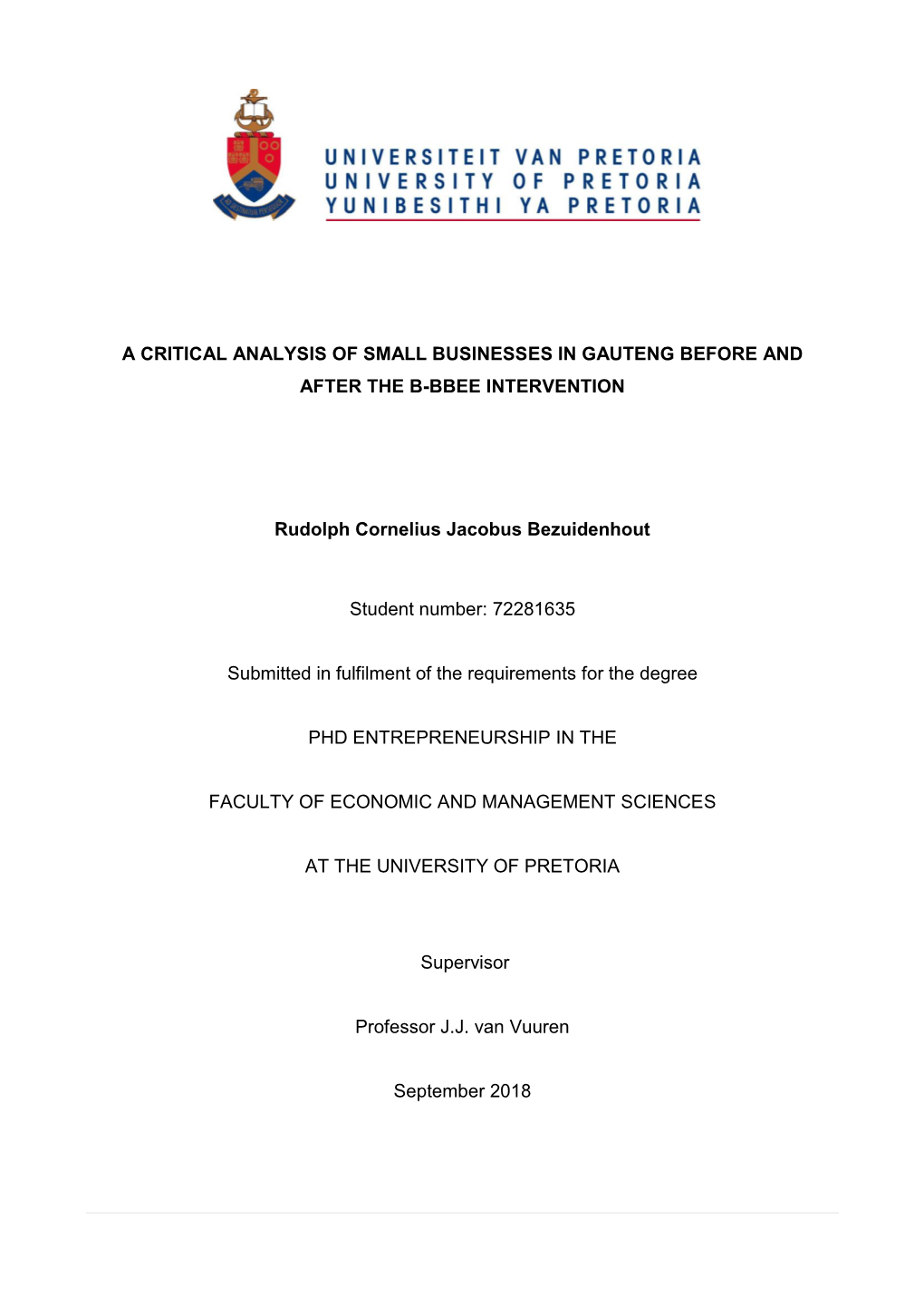 A Critical Analysis of Small Businesses in Gauteng Before and After the B-Bbee Intervention