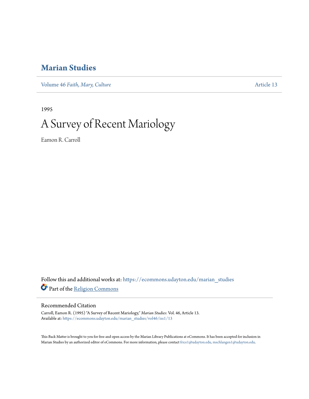 A Survey of Recent Mariology Eamon R