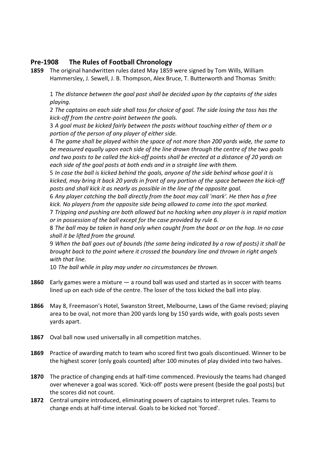 Pre-1908 the Rules of Football Chronology 1859 the Original Handwritten Rules Dated May 1859 Were Signed by Tom Wills, William Hammersley, J