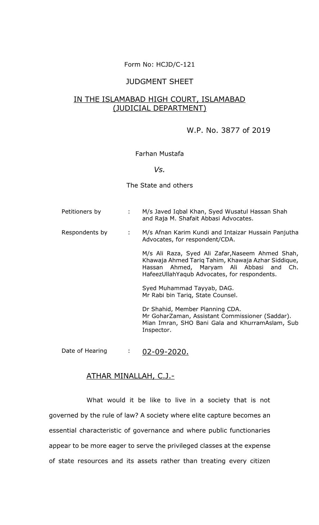 WP No. 3877 of 2019 Vs. ATHAR MINALLAH, CJ