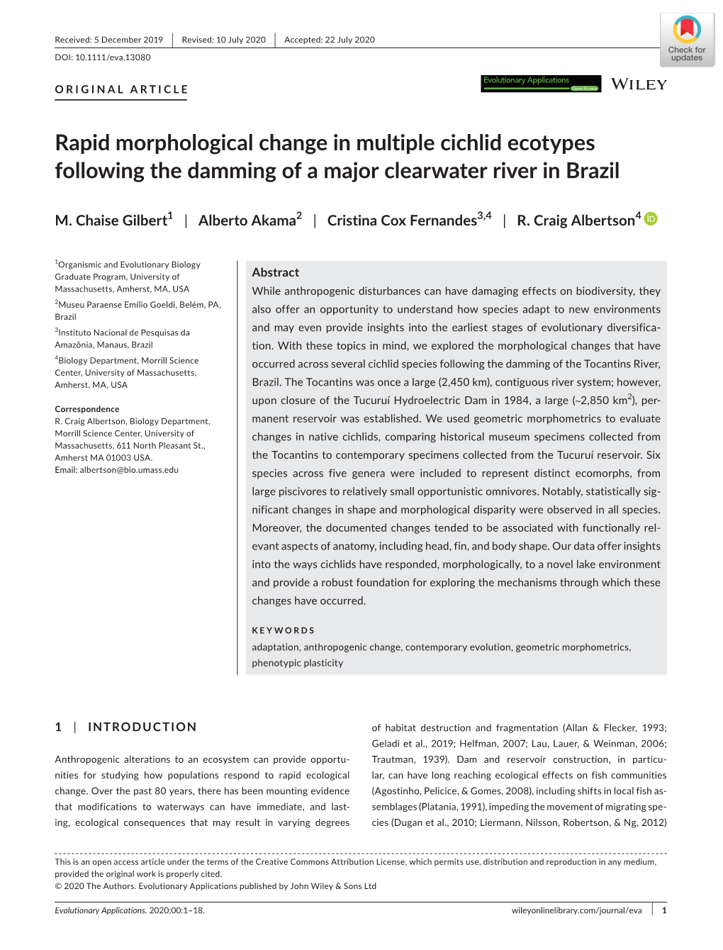 Rapid Morphological Change in Multiple Cichlid Ecotypes Following the Damming of a Major Clearwater River in Brazil