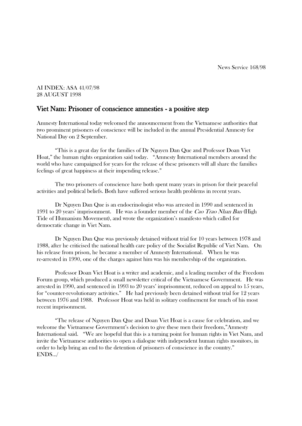 Viet Nam: Prisoner of Conscience Amnesties - a Positive Step