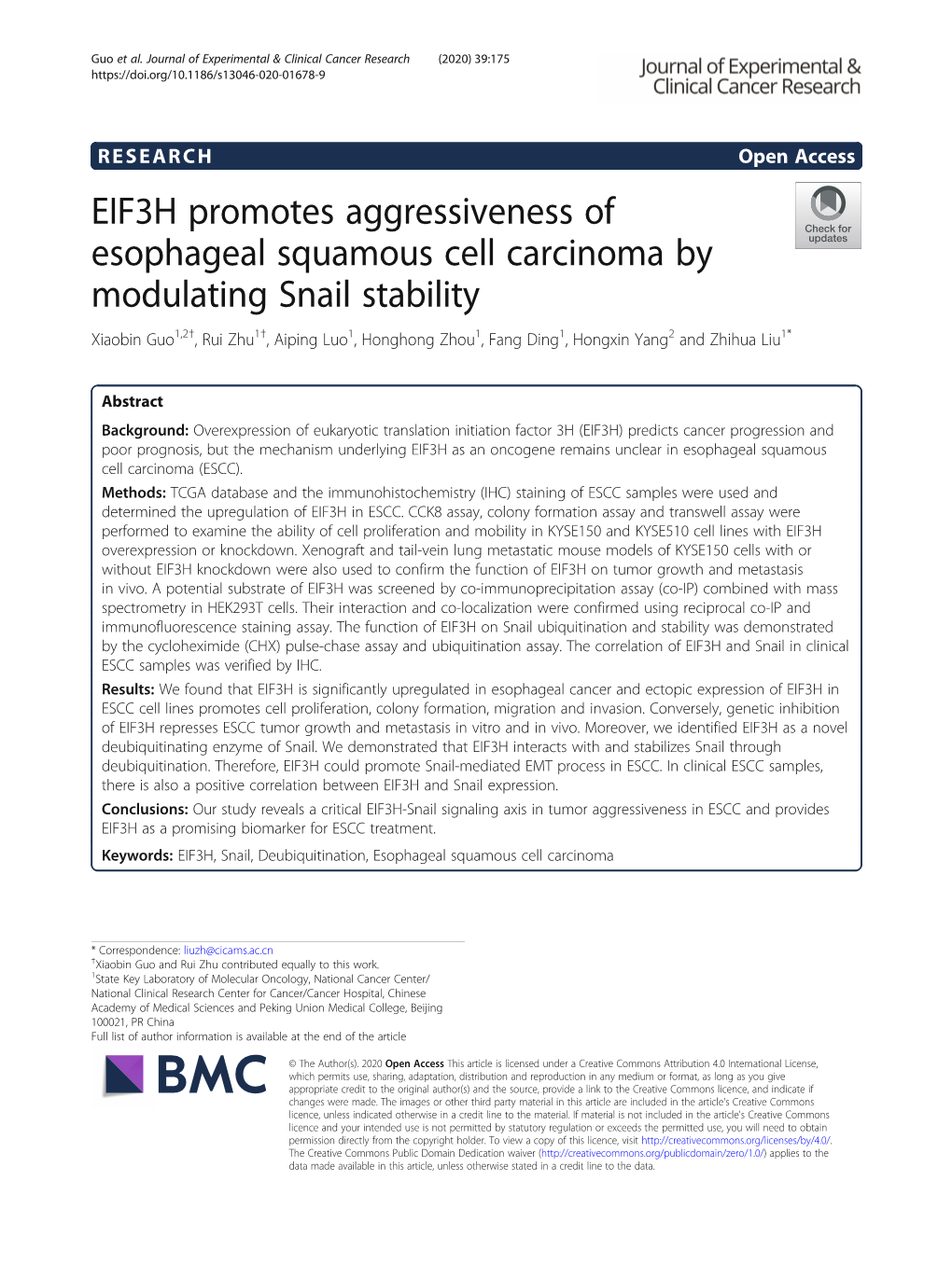 EIF3H Promotes Aggressiveness of Esophageal Squamous Cell