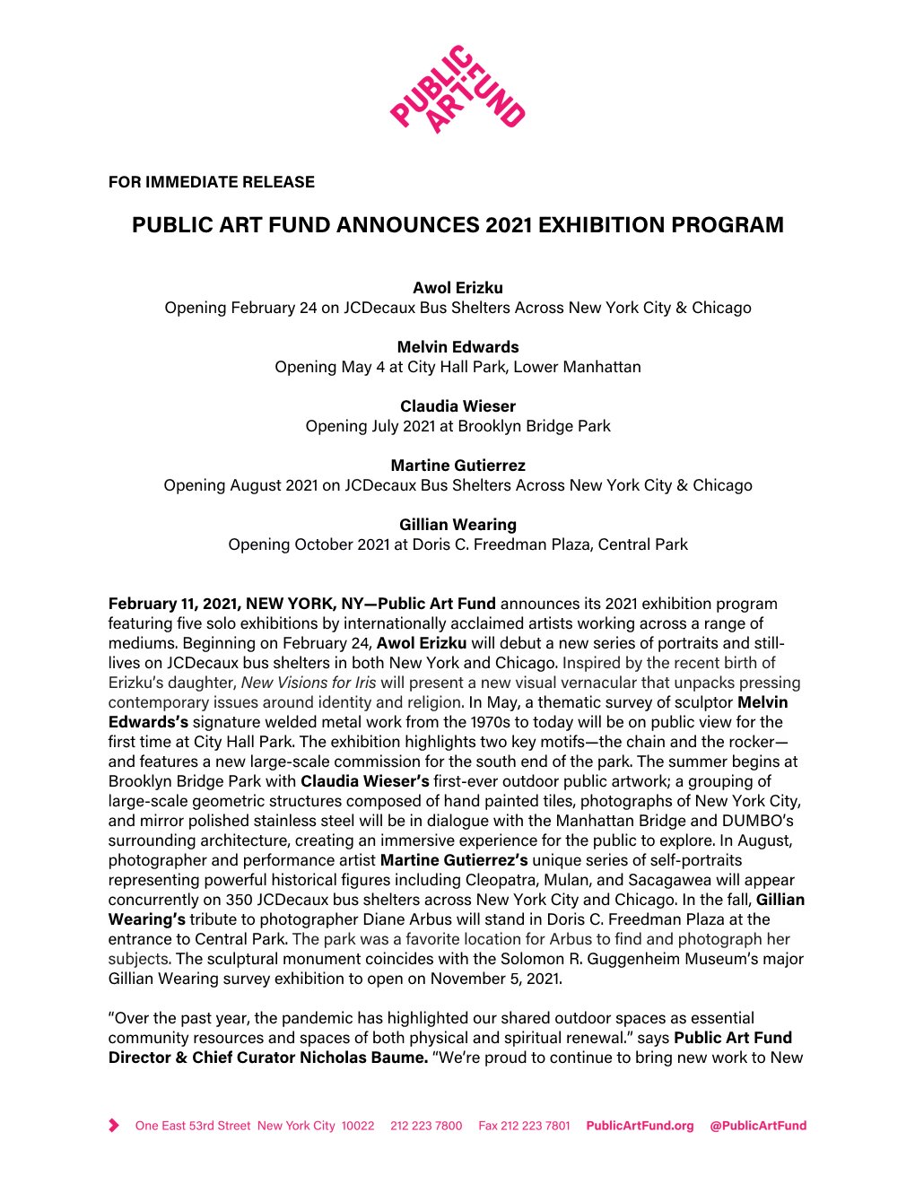 Public Art Fund Announces 2021 Exhibition Program