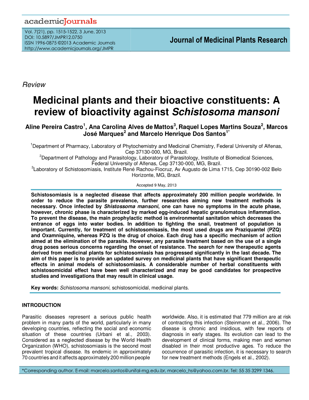 A Review of Bioactivity Against Schistosoma Mansoni