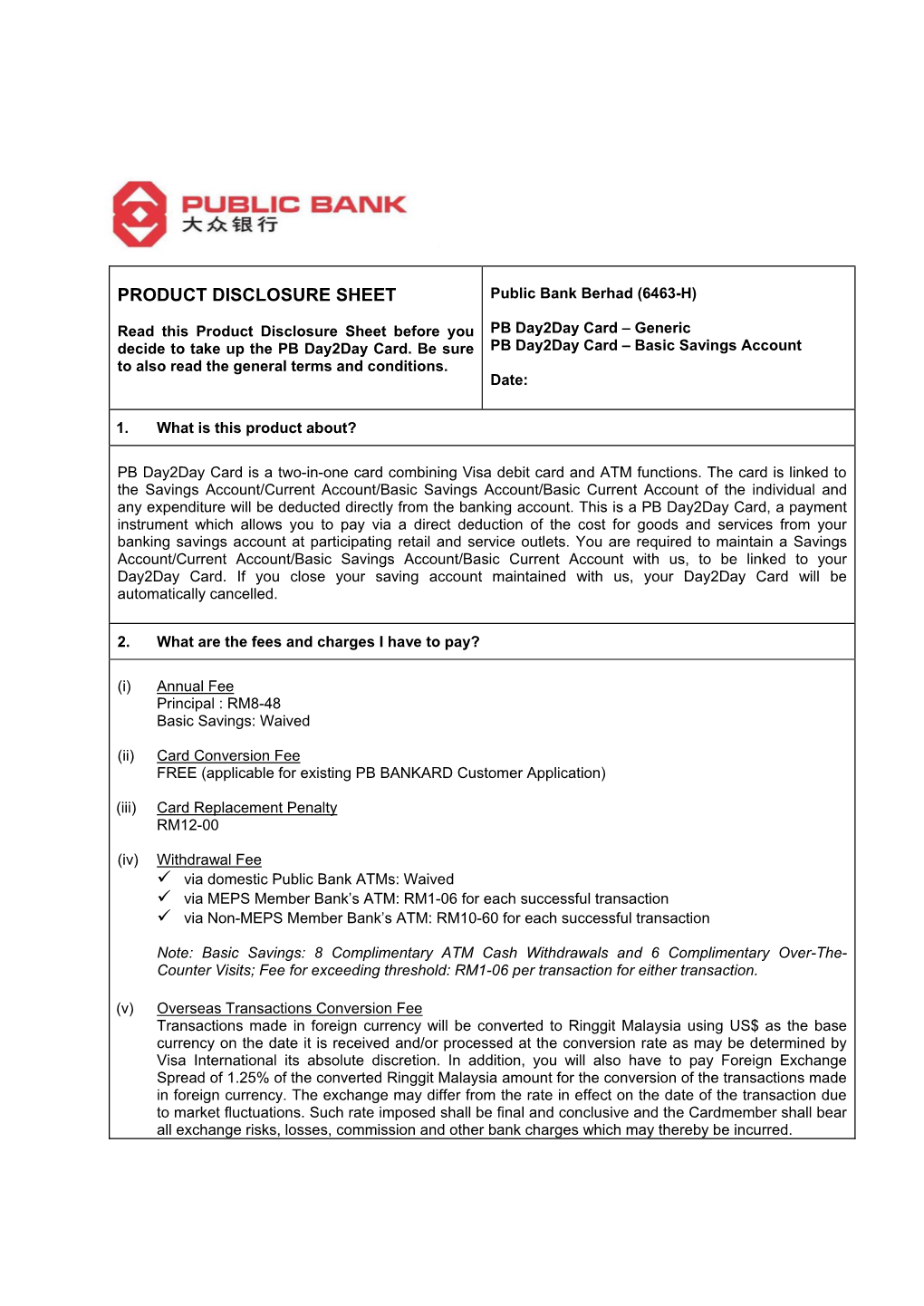 PRODUCT DISCLOSURE SHEET Public Bank Berhad (6463-H)