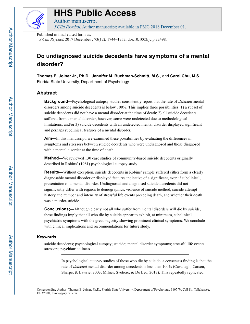 Do Undiagnosed Suicide Decedents Have Symptoms of a Mental Disorder?