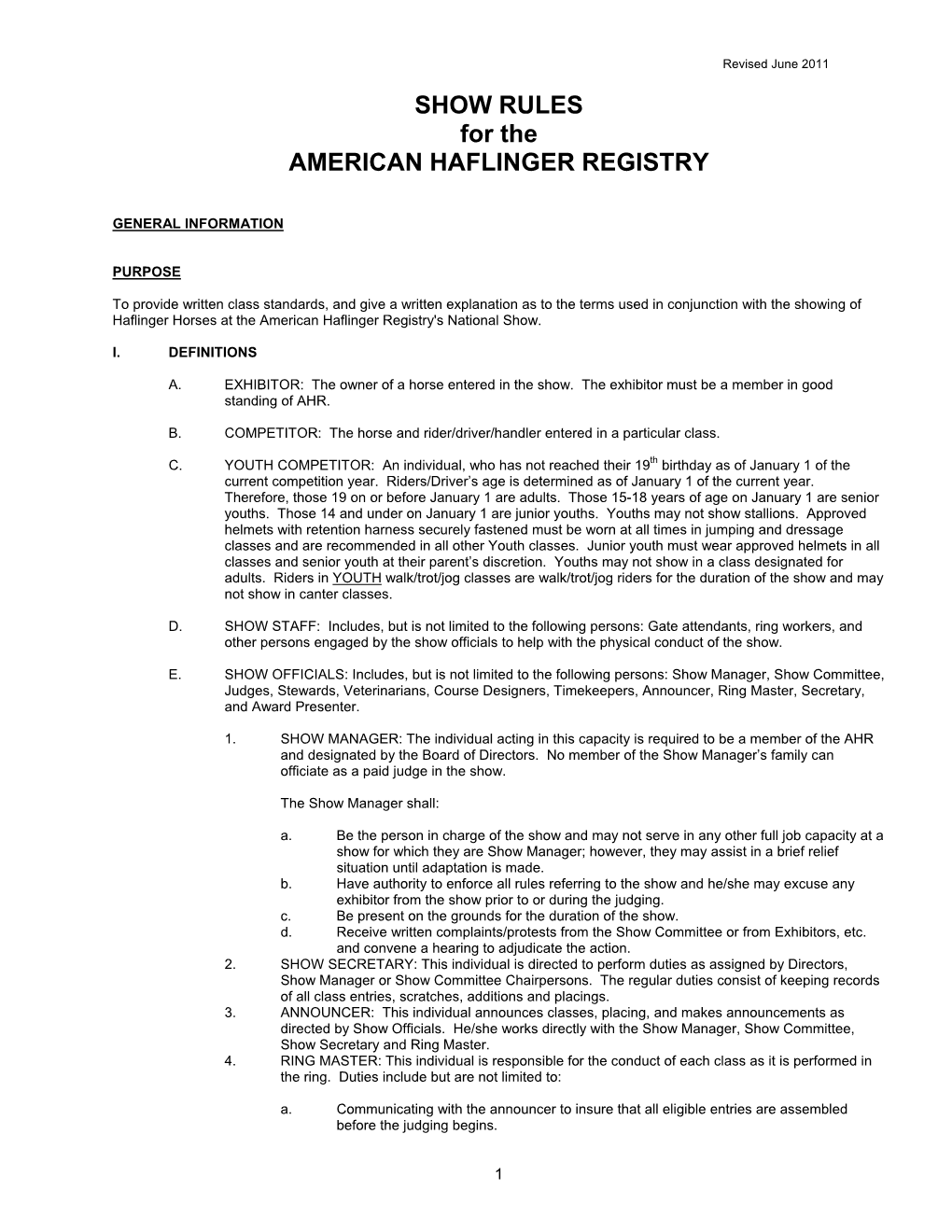 SHOW RULES for the AMERICAN HAFLINGER REGISTRY