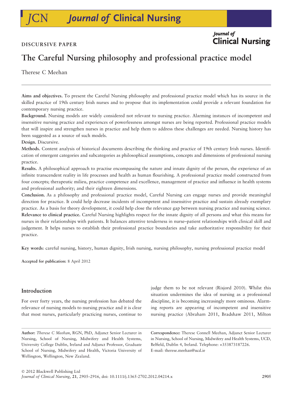 The Careful Nursing Philosophy and Professional Practice Model