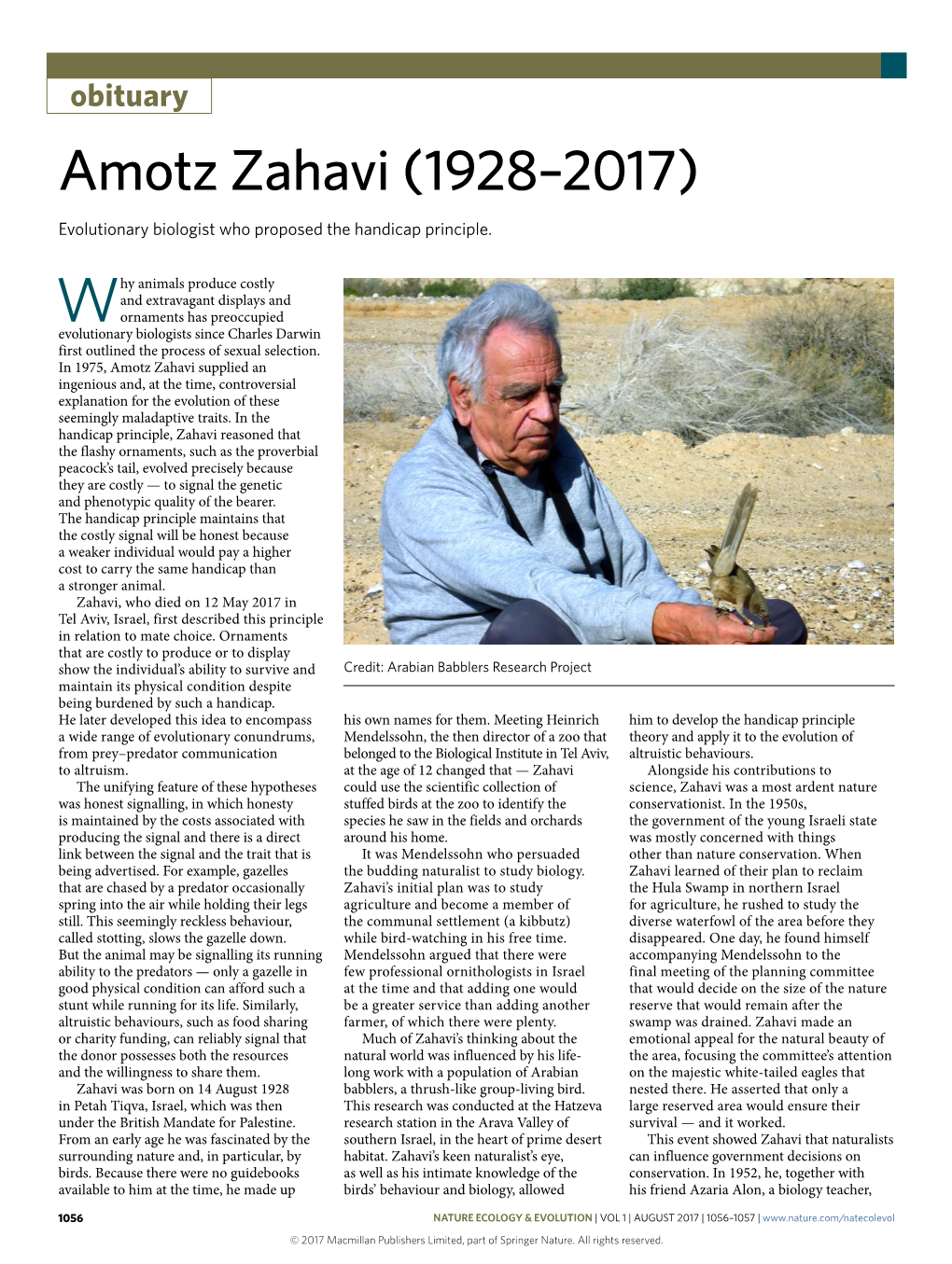 Amotz Zahavi (1928–2017) Evolutionary Biologist Who Proposed the Handicap Principle