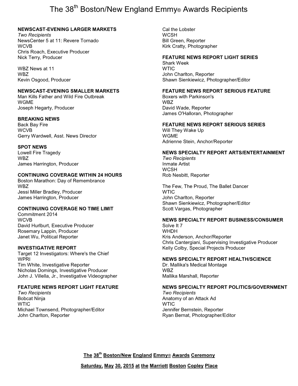 38Th Boston/New England Emmy Awards Nominations