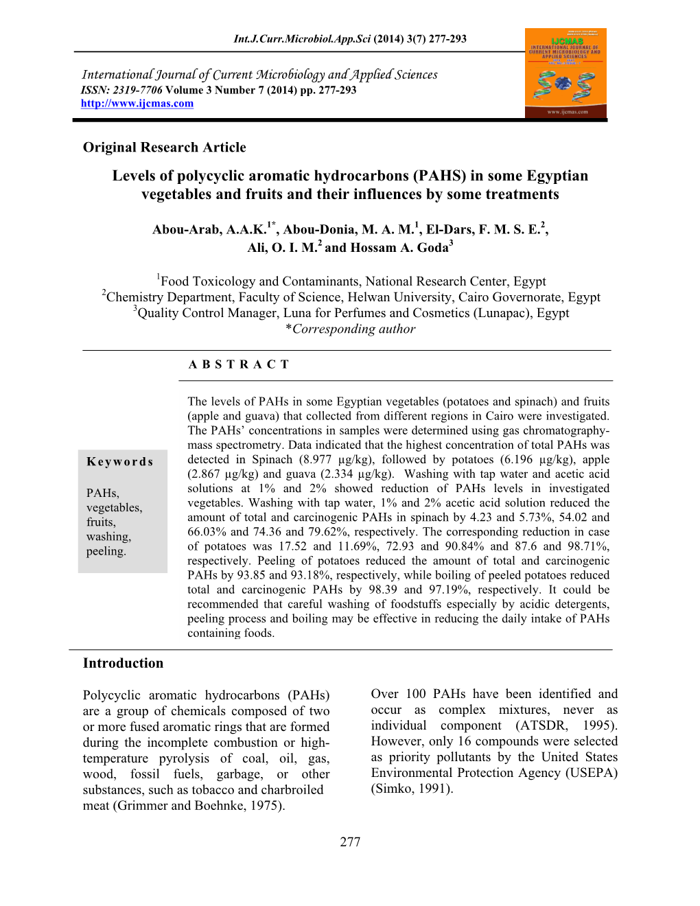 Levels of Polycyclic Aromatic Hydrocarbons (PAHS) in Some Egyptian Vegetables and Fruits and Their Influences by Some Treatments