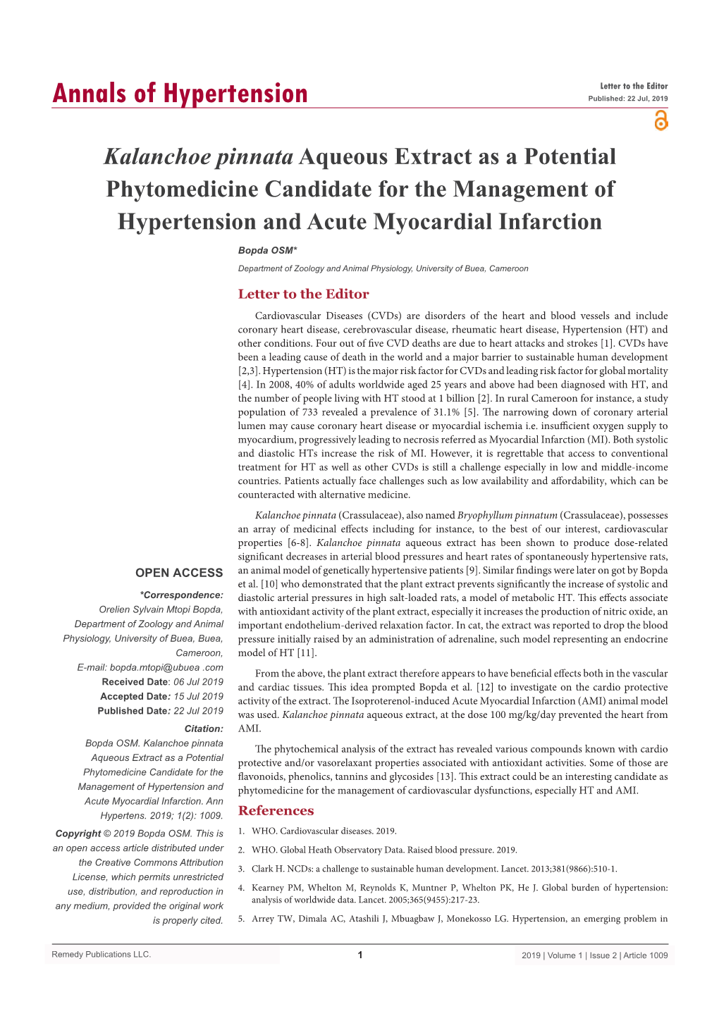 Kalanchoe Pinnata Aqueous Extract As a Potential Phytomedicine Candidate for the Management of Hypertension and Acute Myocardial Infarction