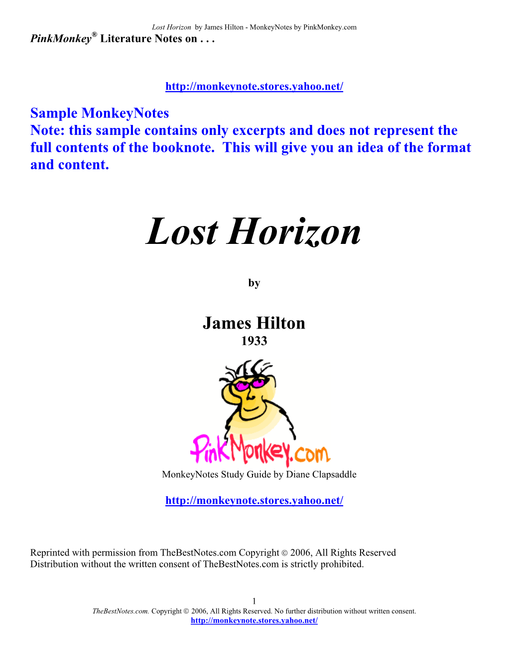 Lost Horizon by James Hilton - Monkeynotes by Pinkmonkey.Com Pinkmonkey® Literature Notes On