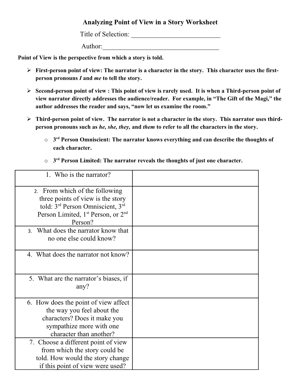 Analyzing Point of View in a Story Worksheet