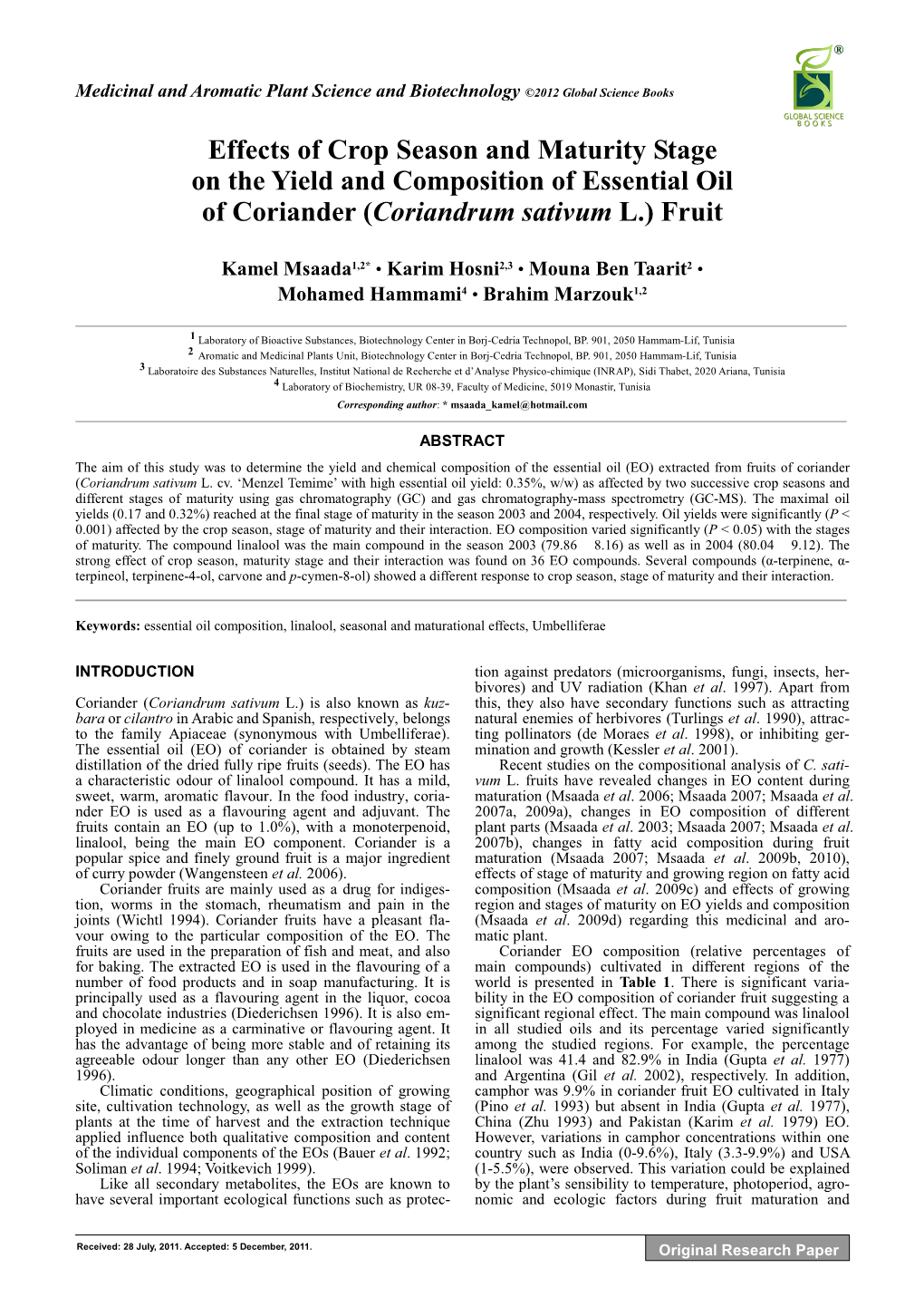 Coriandrum Sativum L.) Fruit