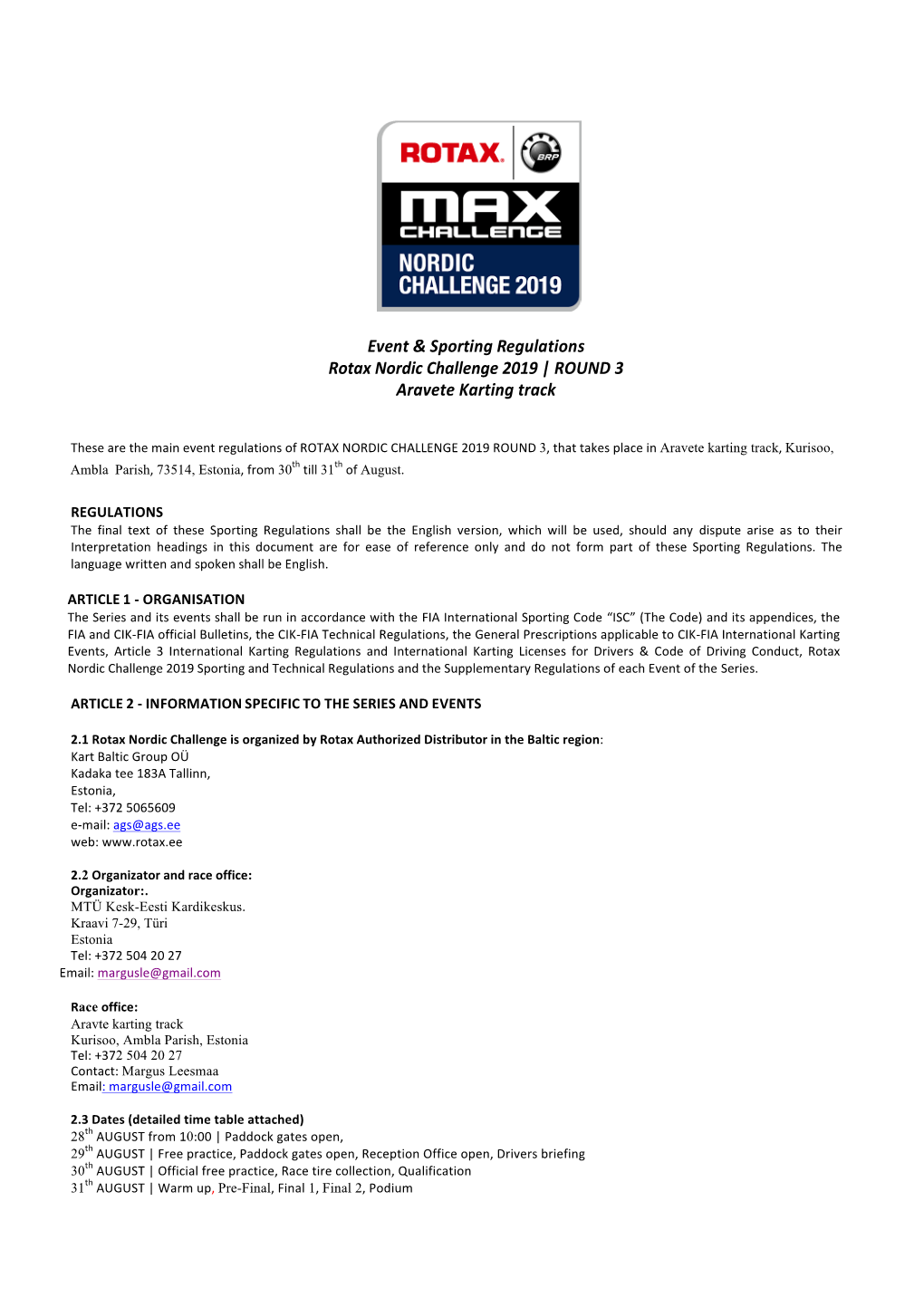 Event & Sporting Regulations Rotax Nordic Challenge 2019