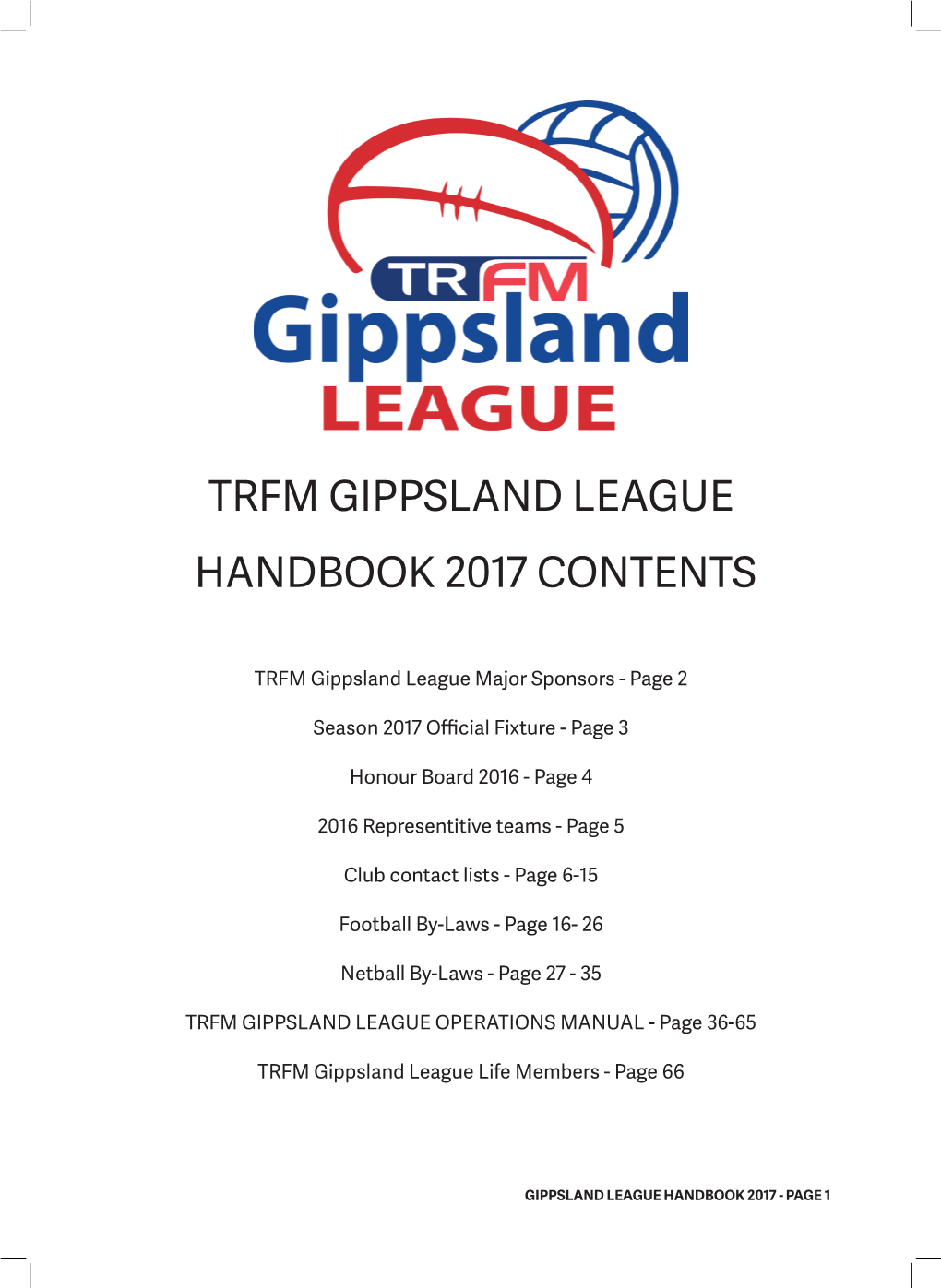 Trfm Gippsland League Handbook 2017 Contents