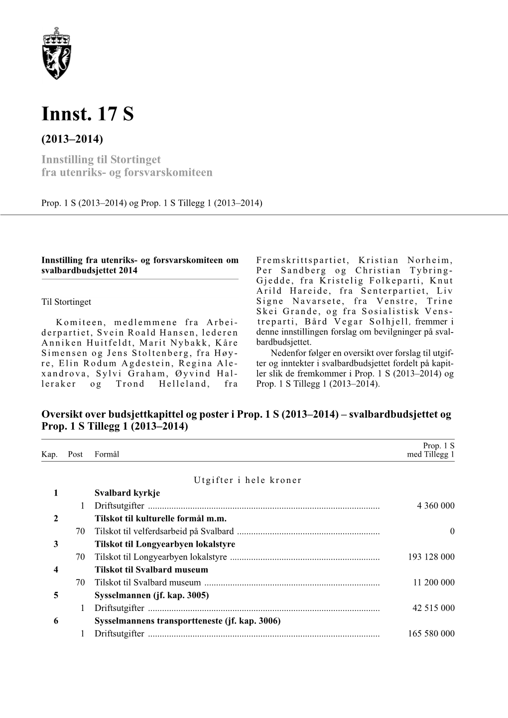 Innst. 17 S (2013–2014) Innstilling Til Stortinget Fra Utenriks- Og Forsvarskomiteen