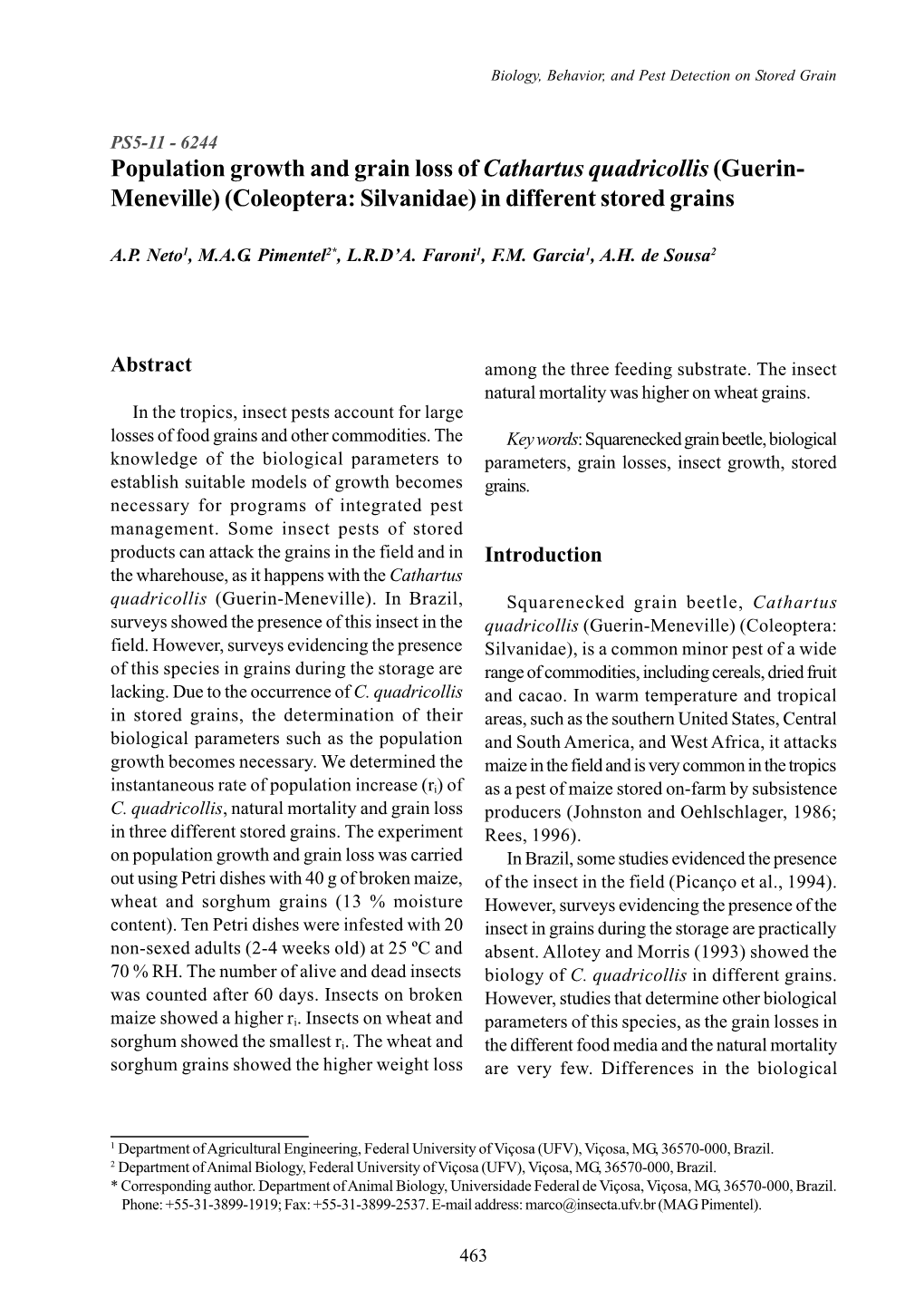 Population Growth and Grain Loss of Cathartus Quadricollis(Guerin