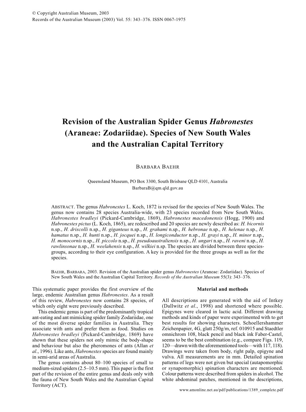 Revision of the Australian Spider Genus Habronestes (Araneae: Zodariidae)