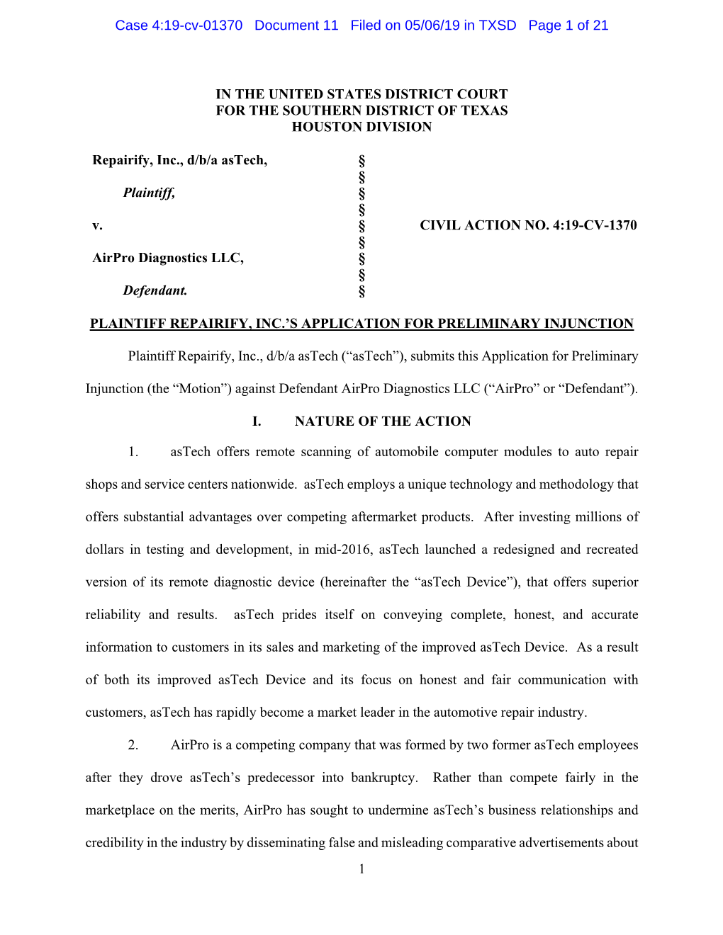 Case 4:19-Cv-01370 Document 11 Filed on 05/06/19 in TXSD Page 1 of 21