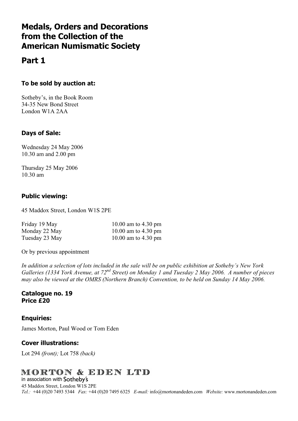 Medals, Orders and Decorations from the Collection of the American Numismatic Society