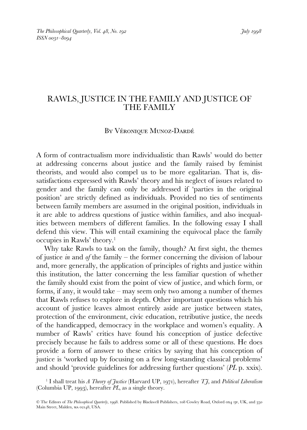 Rawls, Justice in the Family and Justice of the Family
