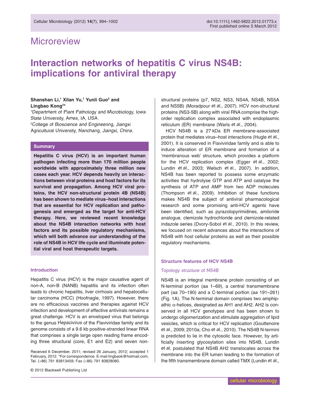 Interaction Networks of Hepatitis C Virus NS4B: Implications for Antiviral Therapy