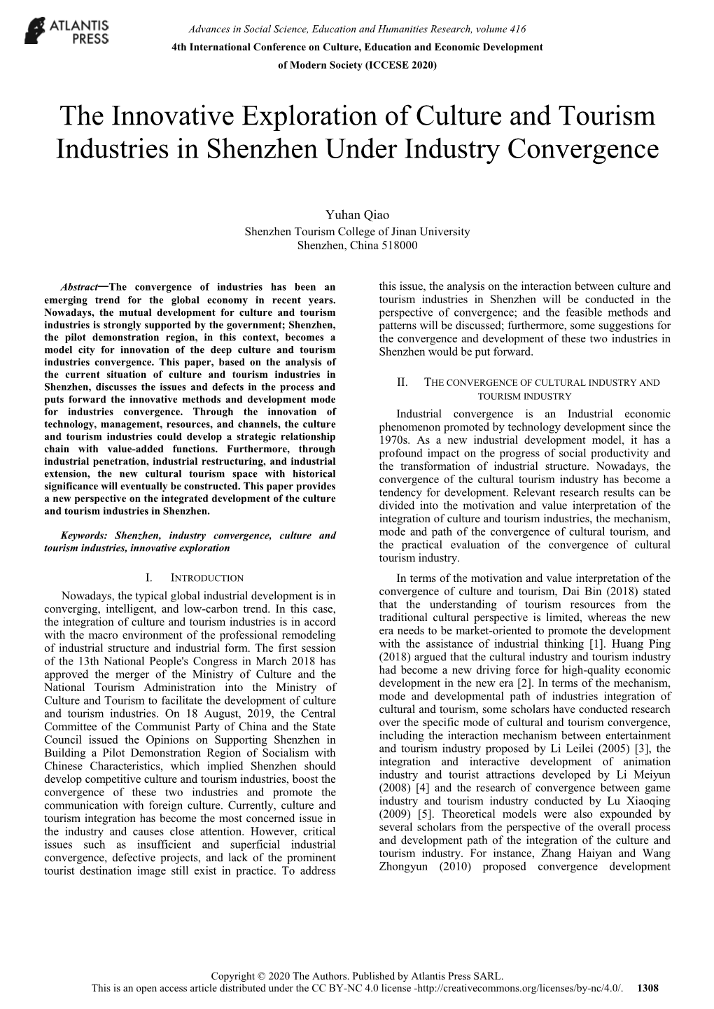 The Innovative Exploration of Culture and Tourism Industries in Shenzhen Under Industry Convergence