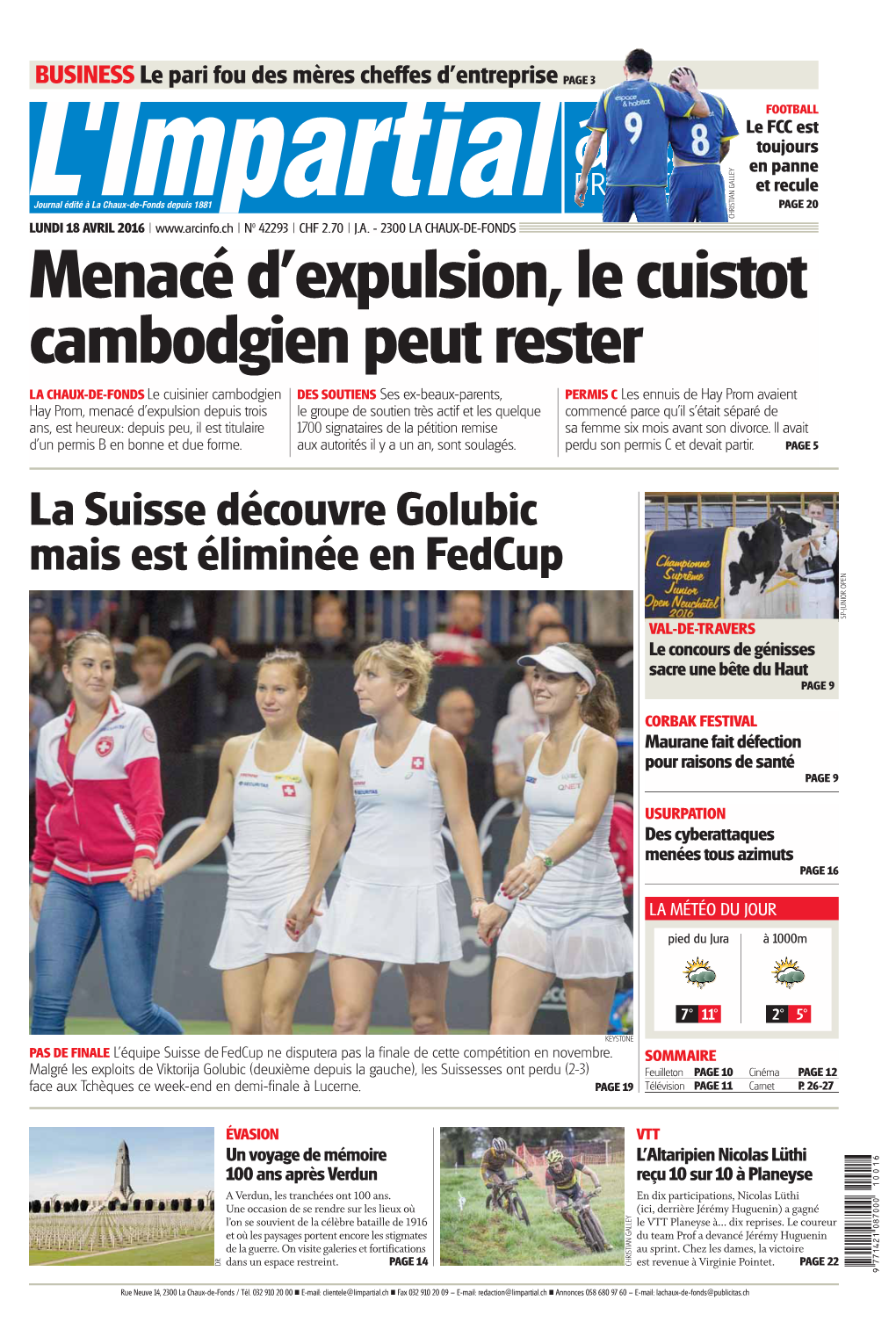 Suisse Découvre Golubic Mais Est Éliminée En Fedcup SP-JUNIOR OPEN SP-JUNIOR VAL-DE-TRAVERS Le Concours De Génisses Sacre Une Bête Du Haut PAGE 9